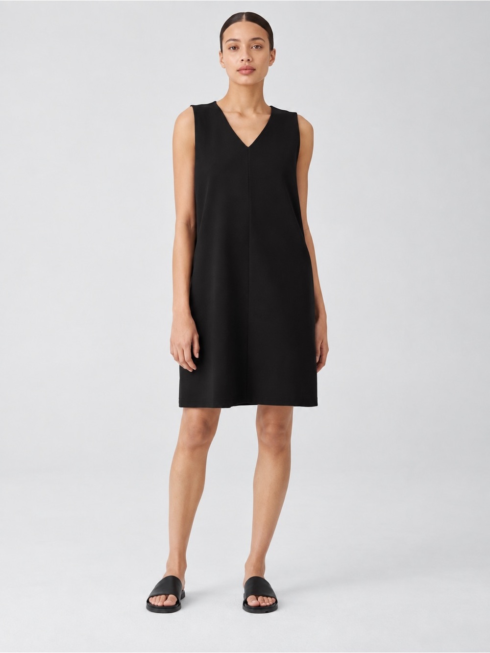 Eileen Fisher NWT V-Neck Cotton Blend Ponte Sleeveless Mini Dress Black Medium